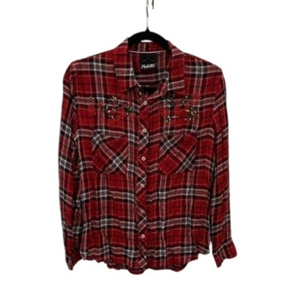 Nanette Lepore Women's Red Plaid Holiday Embroidered Button Up Shirt Size Medium
